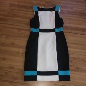Maggie London aqua, black and white color-blocked sleeveless dress in size 14